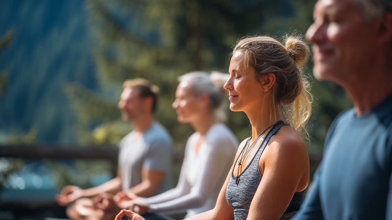 aktig-tagen-yoga.jpg Menschen in verschiedenen Yoga-Posen auf Matten – drinnen oder draußen, in ruhiger Atmosphäre.